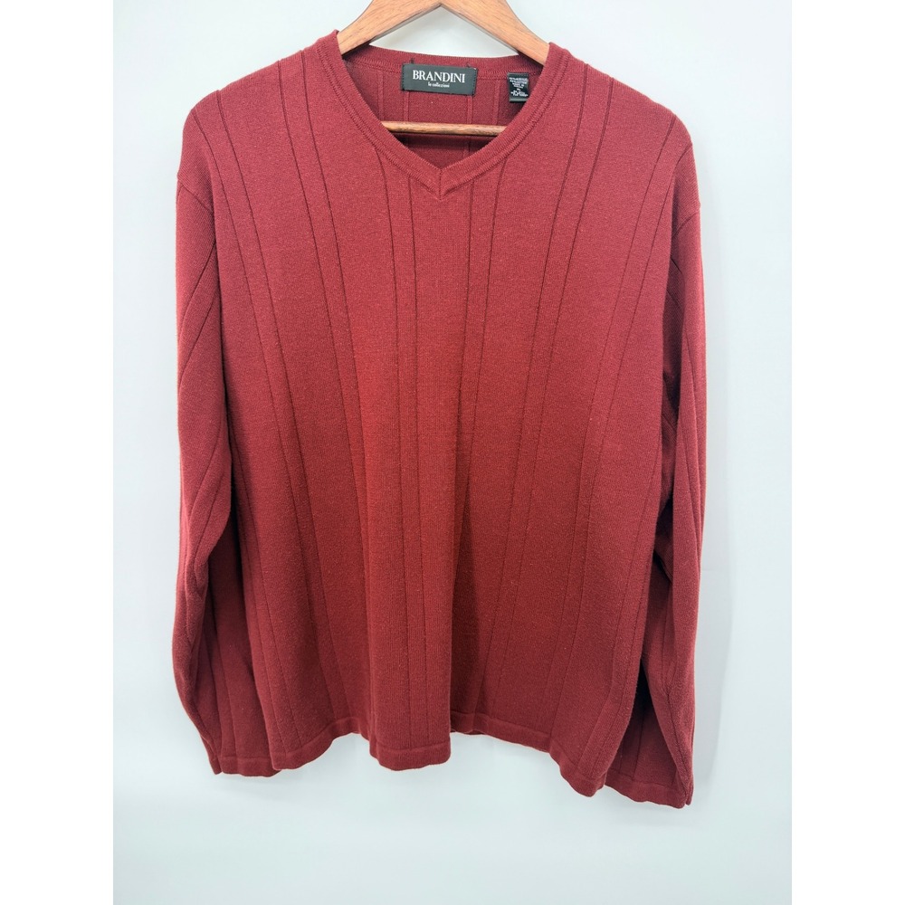 Brandini V-Neck Sweater Men XL Burgundy Excellent Ribbed Knit Pullover